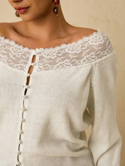 Travachic 大码优雅纯色蕾丝拼接露肩开衫