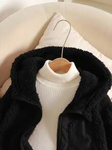 SHEIN Tween女孩Tankini冬季黑色羊羔絨夾克，保暖內裡拉鍊連帽外套附口袋，優雅抓絨毛絨大尺寸毛衣，適合學校與戶外穿著 - 黑色 - 查看 4