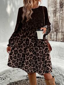 EMERY ROSE Casual Minimalist Ditsy Floral Pattern Loose Fit Round Neck Plus Size Dress, Suitable For Autumn/Winter Women Long Sleeve Dress Leopard Dress For Women Leopard Print Dress Cheetah Print Dress Animal Print Dress New Year Party Cheetah Dress For Women - Multicolor - View 3