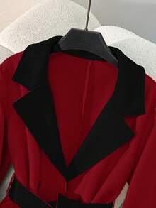 GlowEve 时尚新款撞色翻领腰带优雅法式中长款女式大衣 - 紅色 - 查看 4