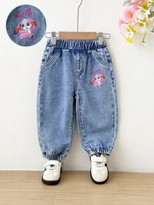 SHEIN Baby Girl Pink Cartoon Rabbit Pattern Blue Denim Loose Harem Pants,Pink And Blue,Summer,Casual,School,Fall,Winter,Fashionable Streetwear,2000s Jeans - Medium Wash - View 1