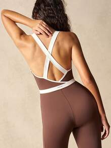 VARSIVA Women's Brown And White Cross-Strap V-Neck Jumpsuit With Built-In Bra Pads And Beautiful Back Design, Suitable For Yoga, Pilates, And Sports. - Multicolor - View 9