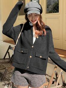 FRIFUL 女士纯色圆领落肩长袖撞色纽扣口袋装饰宽松休闲百搭开衫，秋冬款 - 黑色 - 查看 8