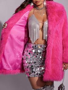 Allurite Mantel Bulu Imitasi Wanita Ukuran Besar Musim Dingin Warna Polos Lengan Panjang Longgar Modis Panjang Sedang - Hot Pink - View 7