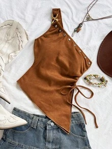 Soleia 女士夏季度假米色针织提花单肩修身下摆开衩抽绳褶皱吊带背心，适合派对、约会、情人节、复活节、狂欢节、下午茶、海滩、邮轮、城市度假等场合。 - 棕色 - 查看 6