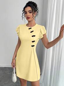 Chiquease 复古中国风纽扣装饰短袖连衣裙 - 黃色 - 查看 6