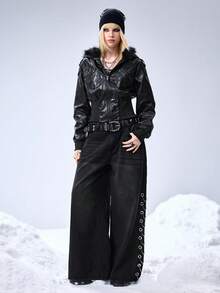 ROMWE Grunge Punk Relaxed Fit Grunge Distressed Vintage Oversized Cross & Vine Print Women Jeans - Black - View 1