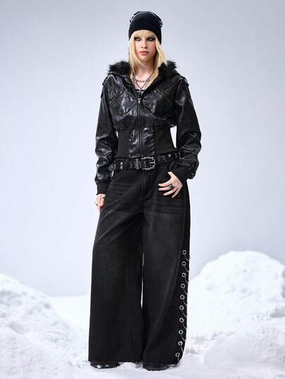 Grunge Punk Jeans femme relaxed fit, style grunge, effet vintage usé, avec imprimé croix et vignes surdimensionné