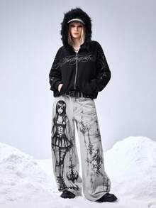 ROMWE EDITION Cyber Symbol & Cartoon Portrait Graphic Print Loose Wide-Leg Jeans - Blue - View 3