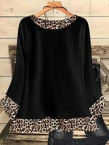 EMERY ROSE 大码女式休闲宽松浪漫豹纹圆领七分袖衬衫，黑色 - 彩色 - 查看 2