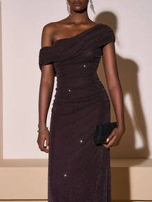 Zivah 2025 Autumn/Winter New Arrival Music Festival, Easter, St. Patrick's Day, Western, Nomadic, Birthday Party, Graduation, College Style, Student, Daily Casual, All-Match Versatile, Leisure, Cruise Travel, Beach, Sunbathing, Viral , Streetwear, Wedding Guest Boho, Commute, Brunch, Airport, Party, Holiday Occasion Elegant Asymmetric Ruched Fitted Dress With Slit, Deep Brown One Shoulder Dress One Sleeve Dress Draped Dress Shimmer Dress Ruched Dress - Chocolate Brown - View 6