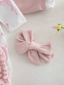 Newborn Baby Pajamas-2 Piece Pajama Set Newborn Baby Ruffle Bow Print Footed Romper With Matching Headband And Ruffled Blanket Pink Round Neck Long Sleeve Full Length Snap Closure One Piece Sleepwear Ideal Gift Four Season 2026 New Year Essential - Multicolor - View 6