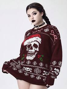 ROMWE Goth 哥特式圣诞骷髅头圣诞老人帽宽松套头毛衣 - 酒紅色 - 查看 4