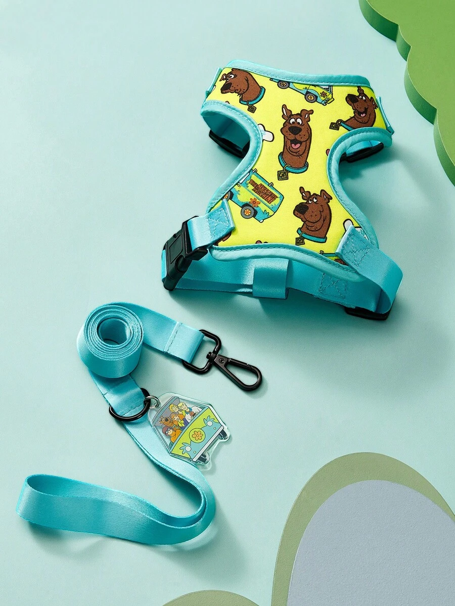 SCOOBY-DOO X SHEIN Bộ dây đeo và dây dắt thú cưng in hình hoạt hình, nhiều kích cỡ để lựa chọn, chiều dài dây có thể điều chỉnh, phù hợp cho mèo, chó, du lịch, phiêu lưu, quà tặng. - màu xanh lá - Xem 1