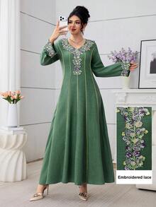 Al Najma Embroidered Lace Patchwork Elegant Modest Long Sleeve Dress