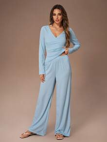 Lazeform Women's Casual Solid Color V-Neck Waist Drawstring Long Sleeve Top & Pants Lounge Set Light Blue, Winter Clothes - Multicolor - View 4