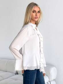 MainGRL Áo sơ mi dài tay viền bèo nhún màu nâu thu đông dành cho nữ - trắng - Xem 4