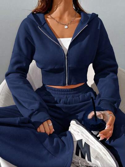 SHEIN EZwear 2pcs Women Casual Navy Zip-Up Hoodie And Pants Set, Winter Outfit Navy Blue