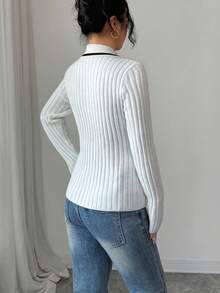 SHEIN Elenzya Women's Elegant Contrast Color Ribbed Metal Button Cardigan, Thanksgiving Autumn/Winter Pocket Lapel Long Sleeve Knit Sweater - White - View 2