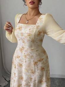 Modelyn 女士粉色花卉印花拼接方领长袖优雅约会连衣裙 - 黃色 - 查看 6