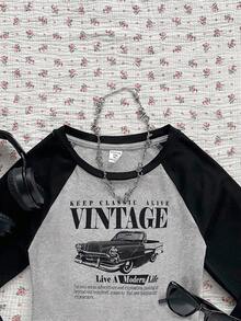 Tween Girls Vintage Race Car Pattern, Teen Girls Casual Minimalist Raglan Sleeve T-Shirt, Suitable For Summer - Grey - View 3