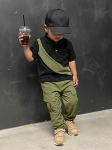 SHEIN Playful Pals 两件套男婴休闲街头风撞色短袖Polo衫搭配弹力腰纯绿色工装长裤套装，适合户外、休闲、旅行，适合6个月至2-3岁男婴。男婴街头风工装裤，男童黑色Polo衫 - 彩色 - 查看 9