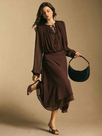 Poéselle Women's Solid Color Tie Collar Lantern Sleeve Ruched Elegant Dress, Elegant Dresses For Women,Casual Dress For Women,Casual Outfit For Women, New Year Outfit,Christmas Party Dress,Women's Winter Dress ,Suitable For Daily Wear, Going Out, Commuting Fall/Winter