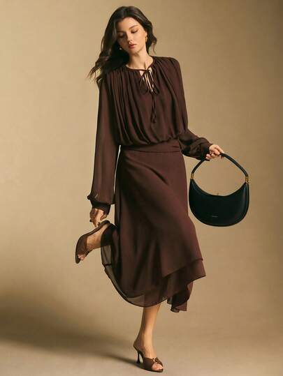 Poéselle Women's Solid Color Tie Collar Lantern Sleeve Ruched Elegant Dress, Elegant Dresses For Women,Casual Dress For Women,Casual Outfit For Women, New Year Outfit,Christmas Party Dress,Women's Winter Dress ,Suitable For Daily Wear, Going Out, Commuting Fall/Winter