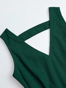 女士灯芯绒腰部修身喇叭休闲日常百搭杏色连衣裙 - 墨綠色 - 查看 6