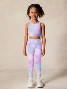 SHEIN 2 件套女童扎染印花吊带背心和紧身裤瑜伽服套装，返校季 - 彩色 - 查看 5