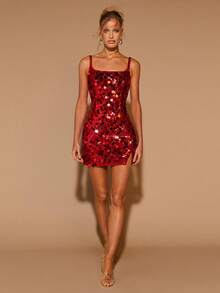 COSMINA 女士方领开衩吊带连衣裙，魅力派对礼服，鸡尾酒会礼服，晚宴礼服，红色亮片连衣裙，约会礼服，圣诞派对礼服，圣诞节礼服，新年礼服，情人节礼服，迷你连衣裙 - 紅色 - 查看 3