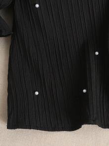 SHEIN 年轻女孩宽松休闲系带珍珠装饰黑色中长连衣裙 - 黑色 - 查看 7
