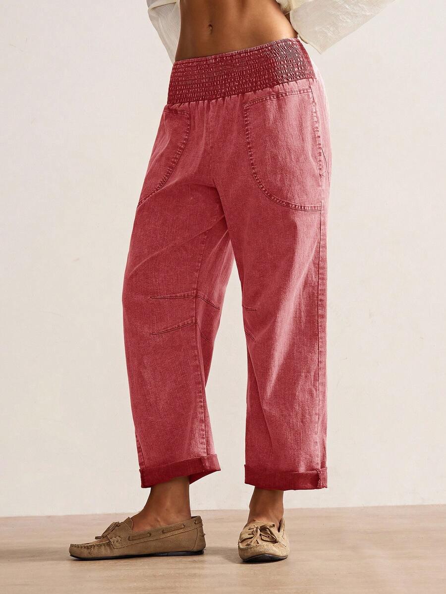 Bohemela Quần vải dệt trơn màu rộng rãi, cạp thấp cho nữ, phong cách Boho mùa thu/đông - Đỏ - Xem 1