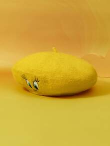 LOONEY TUNES X SHEIN 女士可爱崔弟刺绣贝雷帽，适合秋季日常佩戴 - 黃色 - 查看 4