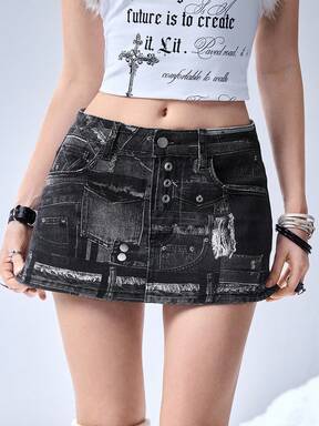 Grunge Punk Kpop Patchwork Remake Print Low Waist Mini Denim Skirt For Women