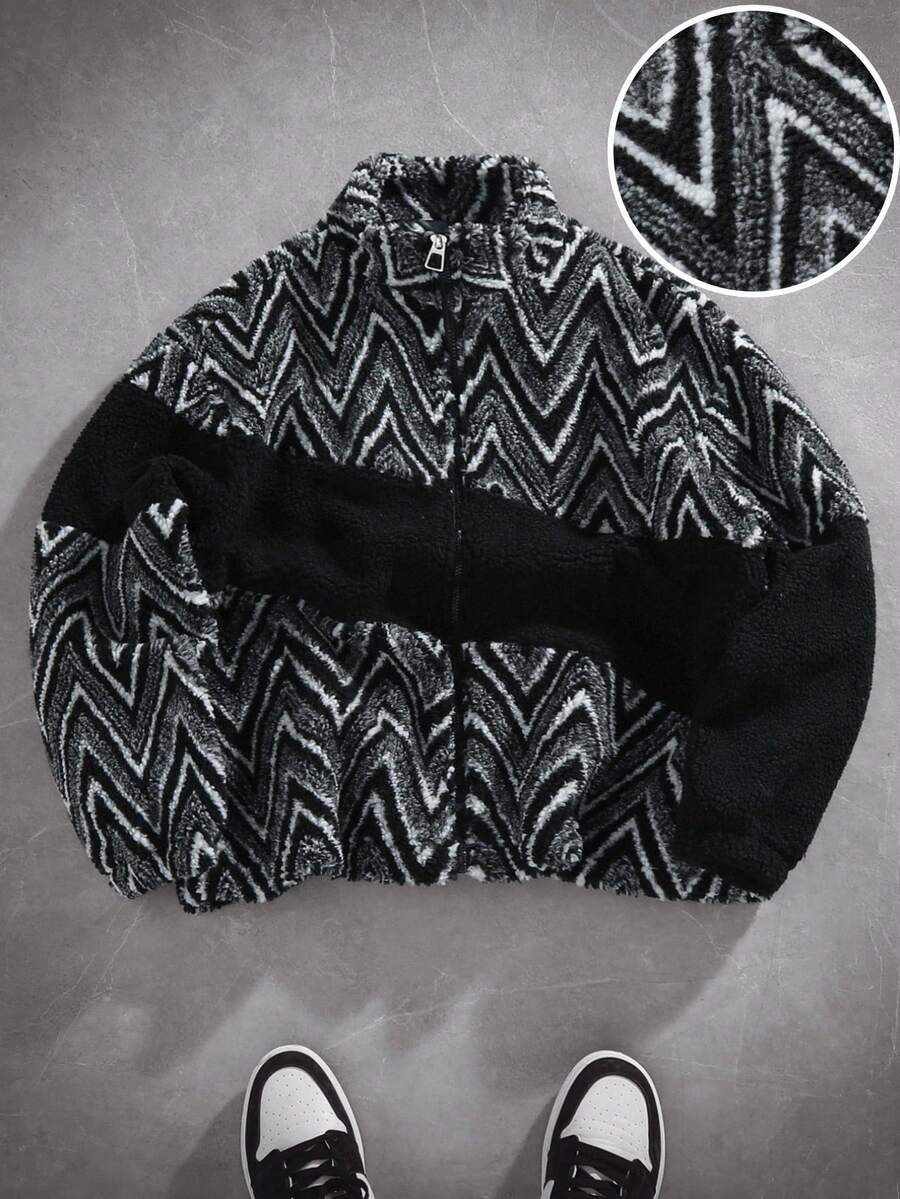 PAVTROS Áo khoác Sherpa sọc sóng dài tay có khóa kéo thời trang thu đông cho nam, áo khoác lót nhiệt - màu đen - Xem 1