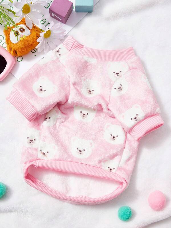 PETSIN 1 White Teddy Bear Flannel Pet Hoodie, Thick Pink Flannel Warm Pet Clothing