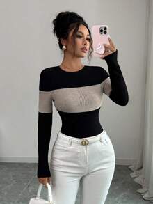 Elenzga 2025新款女士休闲时尚拼接罗纹磨毛设计高品质圆领修身连体衣，百搭长袖日常穿着，春秋季 - 彩色 - 查看 2