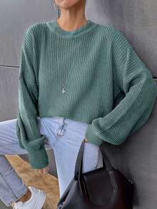 EURMUSE Casual Solid Color Drop Shoulder Sweater, Autumn/Winter - Mint Green - View 7