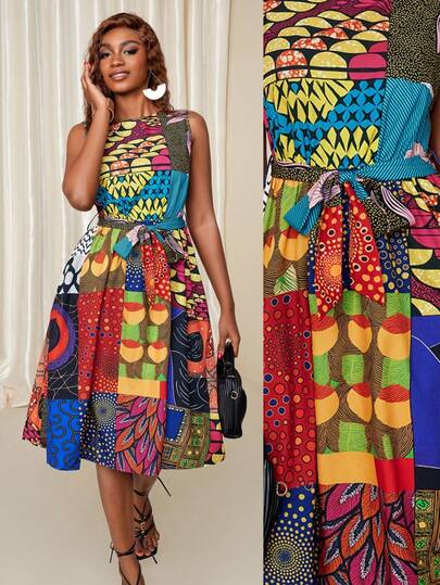 Eryvara 女式非洲混合印花度假圆领无袖连衣裙，随机印花