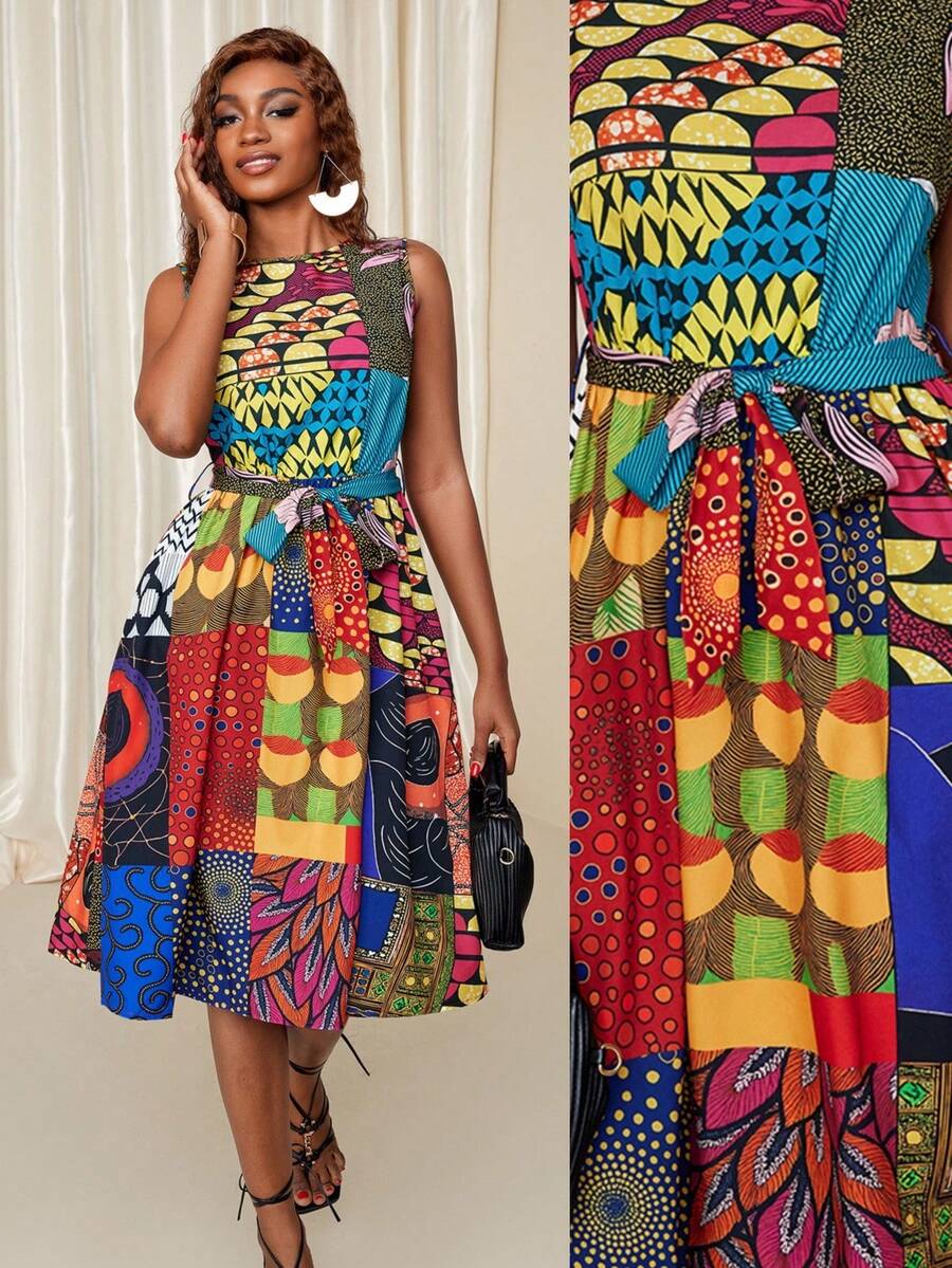 Eryvara Váy không tay cổ tròn họa tiết hỗn hợp Châu Phi dành cho nữ, họa tiết ngẫu nhiên - Nhiều màu - Xem 1