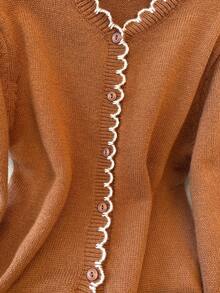 SHEIN Franclia Cárdigan romántico francés con volantes de color contrastante, estilo de transporte - Café integral - Ver 3