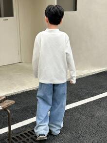 SHEIN Little Byeori 韩版男童休闲针织领长袖polo衫，适合通勤、上学、休闲、大学、运动、秋冬季穿着。 - 白色 - 查看 5
