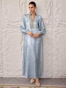 Al Najma 女士优雅派对串珠装饰阿拉伯风格连衣裙 - 淺藍色 - 查看 6