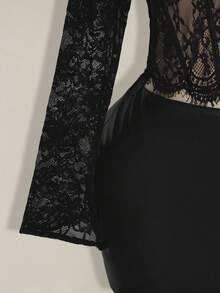 SHEIN ICON 大码女式蕾丝拼接喇叭袖衬衫 - 黑色 - 查看 7