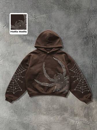 Street Life Sudadera con capucha casual de hombre con diseño de telaraña y diamantes brillantes, para otoño/invierno, de manga larga