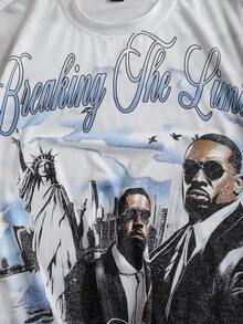 ROMWE MEN 男士宽松印花短袖T恤，复古街头风 - 白色 - 查看 4