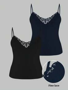 SHEIN LUNE Plus Size Lace Patchwork Solid Color Camisole 2 Pieces Set - Multicolor - View 1
