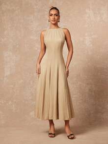 Lumalex 女士V领收腰连衣裙，搭配宽松喇叭裙摆 - 卡其色 - 查看 10