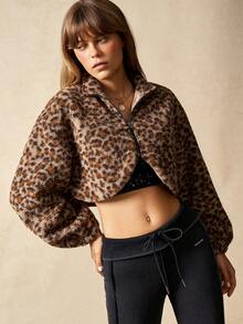 VARSIVA Women's Leopard Print Short Stand-Up Collar Zippered Elastic Cuff Windproof Fleece Jacket Autumn/Winter Style. - Multicolor - View 7